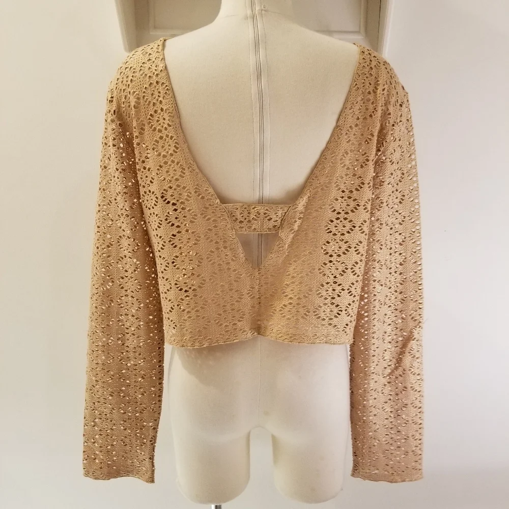 Free People Beach Metallic Gold Lurex Long Sleeve Cut Out Crochet Crop Top Sz L